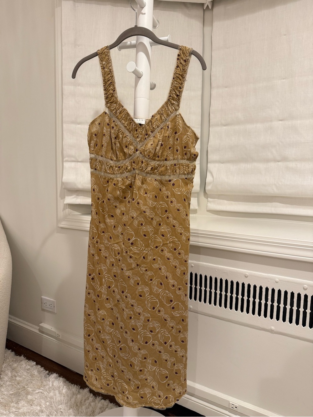 Marni Mustard Yellow Printed Midi Dress with Ruffle Straps